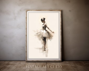Minimalistische Ballerina Skizze Wandkunst, Vintage Kohle Tanz Zeichnung, Coquette Balletcore Dekor, Light Academia Neutral Schlafzimmer Druck