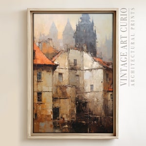 Vintage Europees architectuurolieverfschilderij (digitale download)