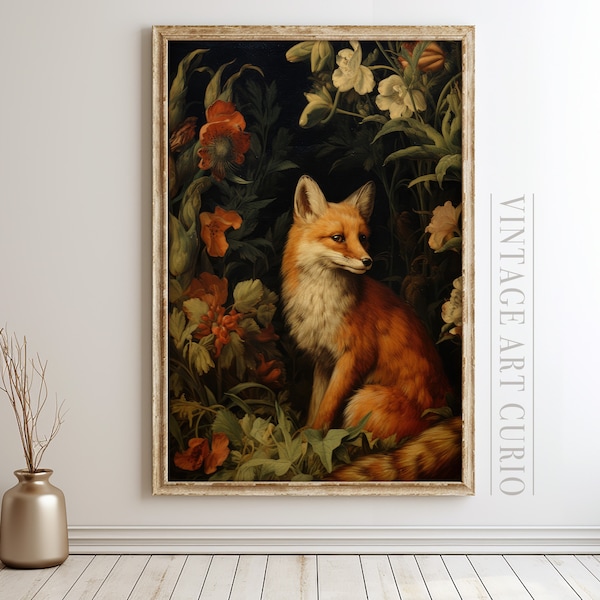 Antique Fox Painting | Dark Academia PRINTABLE Wall Art | Vintage Fox Wall Art | Moody Rustic Fox Print | Dark Academia Art DIGITAL Download