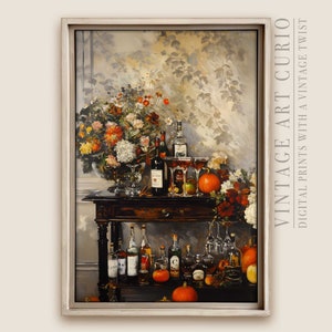 Fall Vintage Bar Cart Wall Art, Printable Oil Painting, Rustic Autumn Decor, Farmhouse Decor, Antique Wall Art, Printable Happy Hour Decor