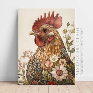 Floral Rooster Art Print: Rustic Farmhouse Kitchen Decor (Digital Download)