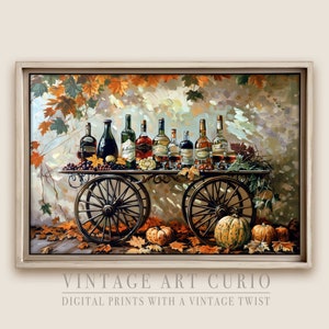 Fall Vintage Bar Cart Wall Art, Printable Oil Painting, Rustic Autumn Decor, Farmhouse Decor, Antique Wall Art, Printable Happy Hour Decor