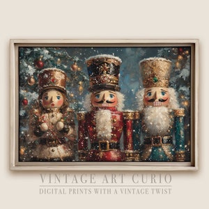 Vintage Nutcrackers in Winter Wonderland Digital Oil Painting - Elegant and Rustic Christmas Wall Art for Farmhouse and Cottagecore Decor