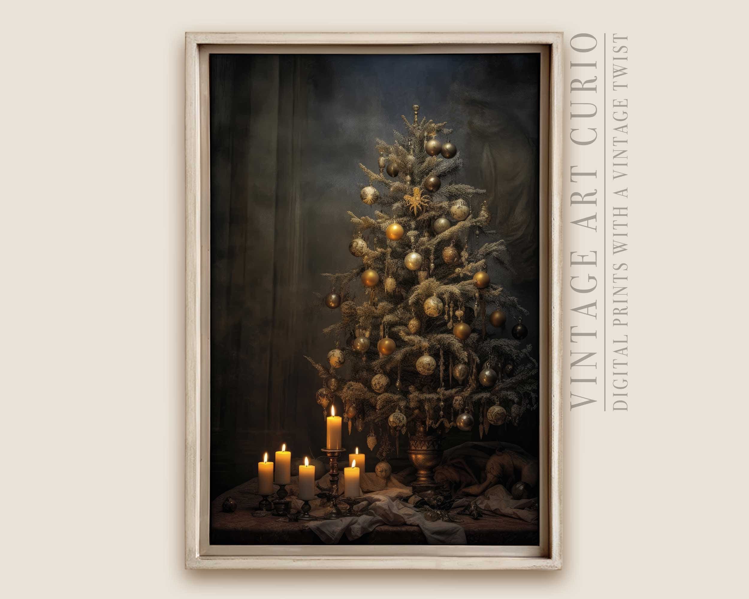 Vintage Christmas Tree Print, Dark Academia Holiday Decor, Farmhouse Printable Digital Art Download, Dark Moody Rustic Winter Decor