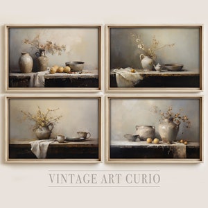 May include: Four framed paintings of still life arrangements featuring ceramic vases, bowls, and fruit. Each painting has a muted color palette of beige, brown, and gray.