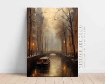 Amsterdam Canal Oil Painting Print: Rustic European Cityscape (Digital Download)