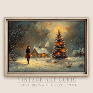 Rustic Christmas Cabin Oil Painting - Snowy Winter Scene at Dusk, Vintage Style Christmas Eve Decor