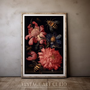 Antique Bee & Floral Painting: Dark Academia Wall Art (Digital Download)