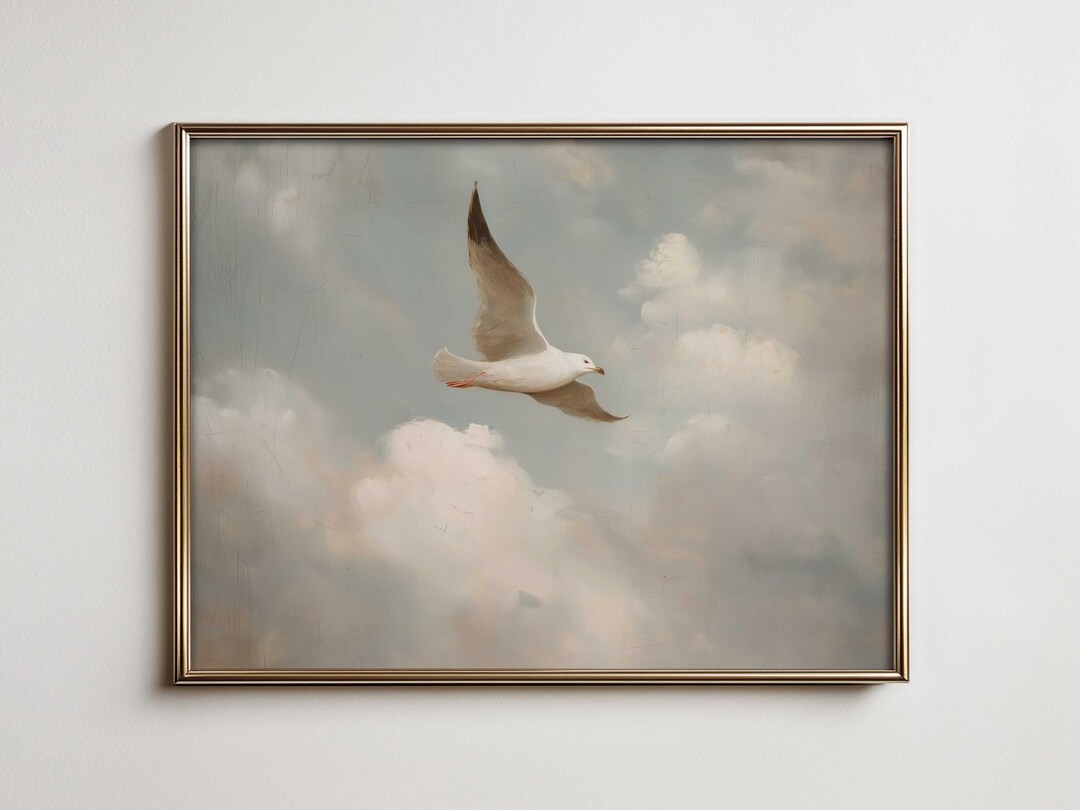 Seagull Flying in Cloudy Sky Digital Wall Art Printable Coastal Bird ...