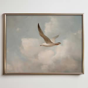 Seagull Flying in Cloudy Sky Digital Wall Art Printable Coastal Bird Artwork Minimalist Ocean Nature Decor for Beach House Interiors