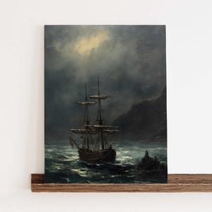 Moonlit Pirate Ship Print – Dark Nautical Digital Wall Art, Gothic Ocean Fantasy Painting, Stormy Sea Night Scene Download