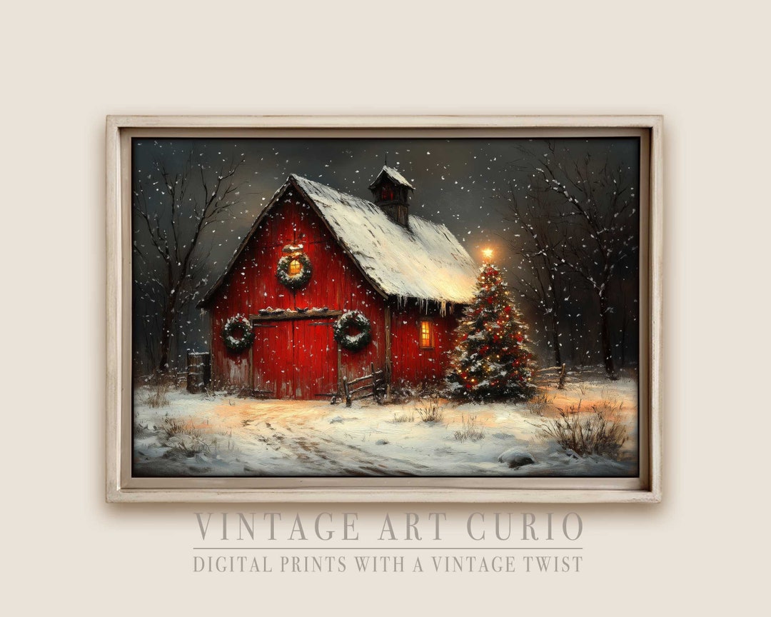 Charming Christmas Barn Scene Digital Wall Art – Cozy Winter Farmhouse ...