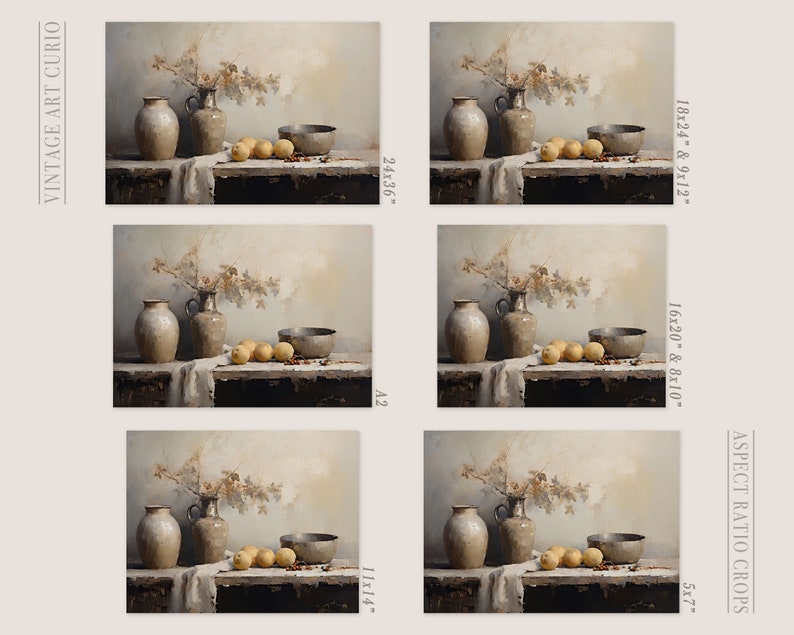May include: A still life painting featuring two ceramic jugs, a bowl, and lemons on a table with a white cloth. The background is a light gray wall with a branch of leaves.