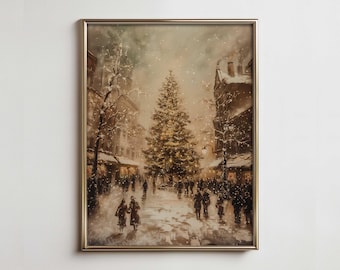 Vintage Christmas Wall Art, Xmas Landscape Printable for Winter Decor, European Farmhouse Scenery Art, Rustic Holiday Country Wall Art