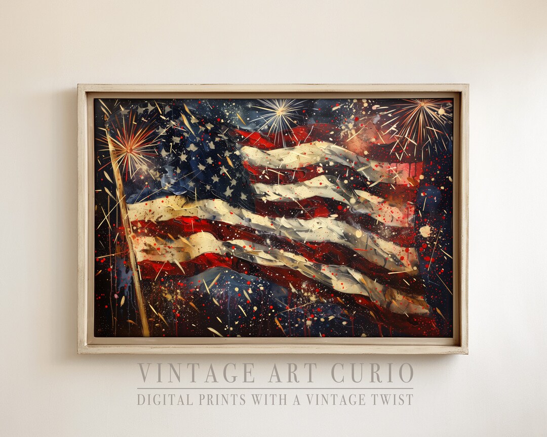 Vintage 4th of July American Flag Printable Art, Patriotic Home Decor ...