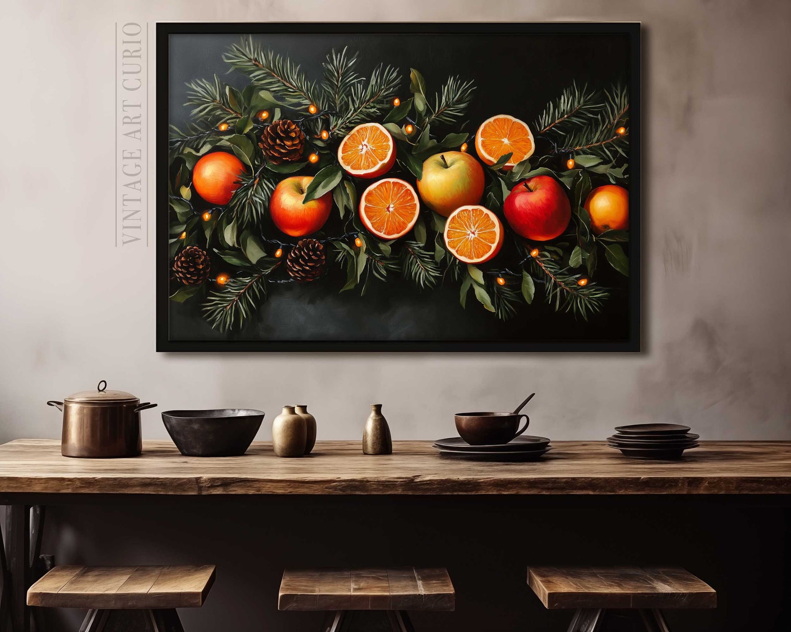 Vintage Christmas Mixed Fruit Garland Wall Art Print, Trendy Apple