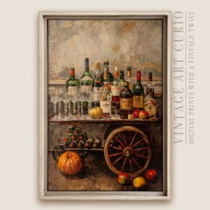Fall Vintage Bar Cart Wall Art, Printable Oil Painting, Rustic Autumn Decor, Farmhouse Decor, Antique Wall Art, Printable Happy Hour Decor