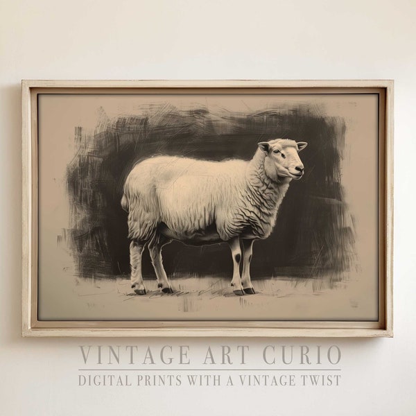 Vintage Neutral White Sheep Painting on Black, Farm Animal Cottagecore Sketch Wall Art, Farmhouse Decor, Antique Country Printable Sheep Art