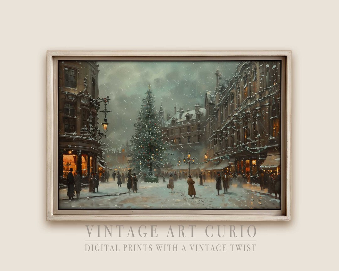 Christmas in London Town Square Moody, Rustic Digital Oil Painting