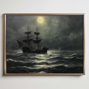 Moonlit Pirate Ship Print – Dark Nautical Digital Wall Art, Gothic Ocean Fantasy Painting, Stormy Sea Night Scene Download