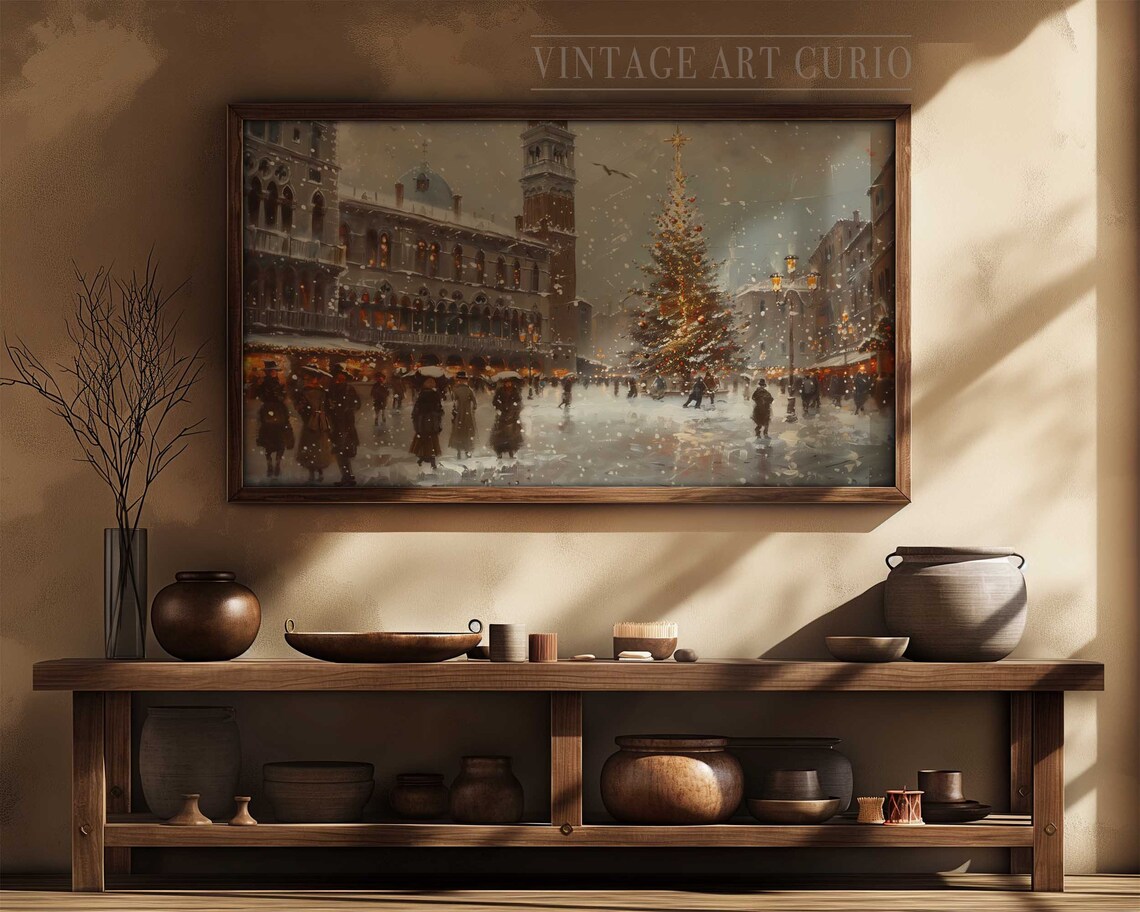 Vintage TV Frame Art & Screensaver Snowy Christmas Venice Town Square