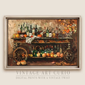 Fall Vintage Bar Cart Wall Art, Printable Oil Painting, Rustic Autumn Decor, Farmhouse Decor, Antique Wall Art, Printable Happy Hour Decor