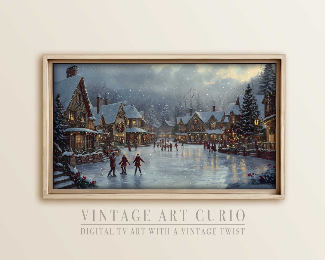 Vintage Christmas European Ice Skating TV Frame Art, Rustic Farmhouse