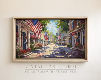 Maine New England Colonial Scenery Patriotic Flags TV Art - Vintage 4th of July Decor, Wabi Sabi Independence Day Frame TV Screensaver
