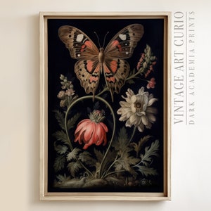 Vintage Butterfly Floral Painting: Dark Academia Wall Art (Digital Download)