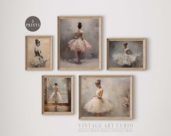 Vintage Ballerina Art Prints: Rustic Girl Room Decor (Set of 5) (Digital Download)