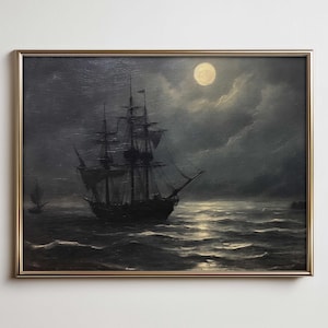 Moonlit Pirate Ship Print – Dark Nautical Digital Wall Art, Gothic Ocean Fantasy Painting, Stormy Sea Night Scene Download