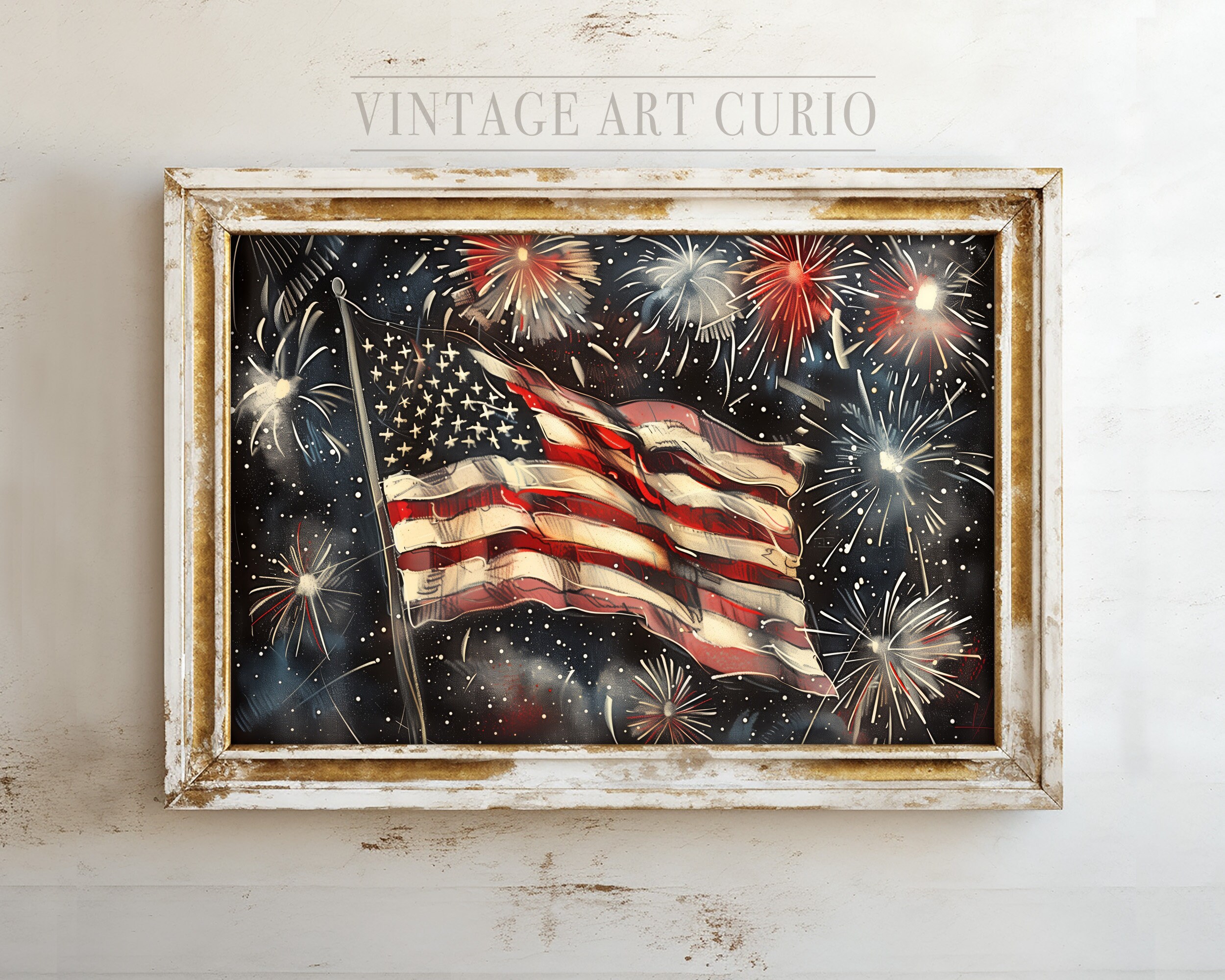 Vintage 4th of July American Flag Printable Art, Patriotic Home Decor ...