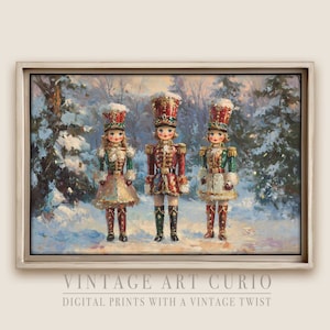 Vintage Nutcrackers in Winter Wonderland Digital Oil Painting - Elegant and Rustic Christmas Wall Art for Farmhouse and Cottagecore Decor