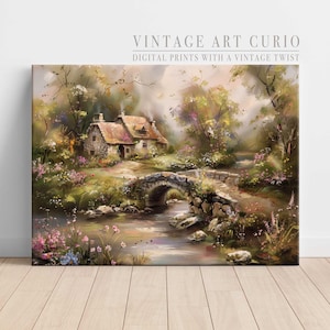 Cottagecore Cottage Painting: Floral Bridge, Garden Landscape (Digital Download)