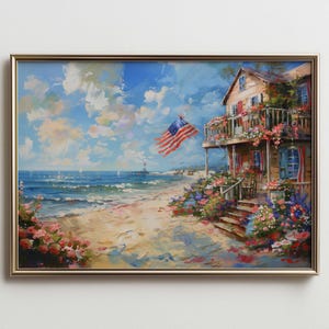 Coastal Americana Beach Cottage Art Print: 4th of July Seaside Decor (Digital Download)