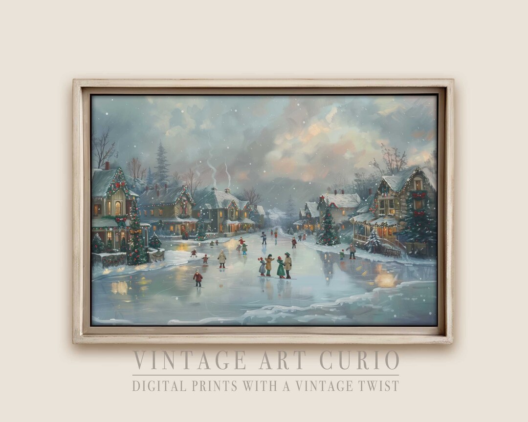 Vintage Christmas European Ice Skating Wall Art Print, Rustic Farmhouse