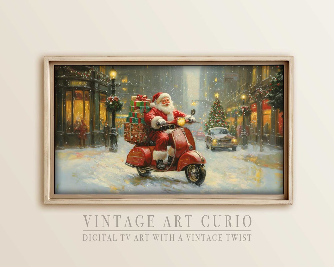 Santa Claus on Scooter in Snowy Chicago Whimsical Vintage TV Frame Art
