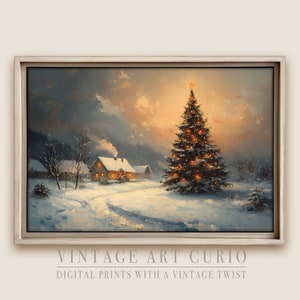Rustic Christmas Cabin Oil Painting - Snowy Winter Scene at Dusk, Vintage Style Christmas Eve Decor