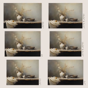 May include: A still life painting of a white ceramic pitcher with a bouquet of white flowers, a small white teapot, a wooden bowl, and a small orange fruit on a wooden table with a white cloth.