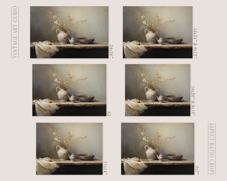 May include: A still life painting of a white ceramic pitcher with a bouquet of white flowers, a small white teapot, a wooden bowl, and a small orange fruit on a wooden table with a white cloth.