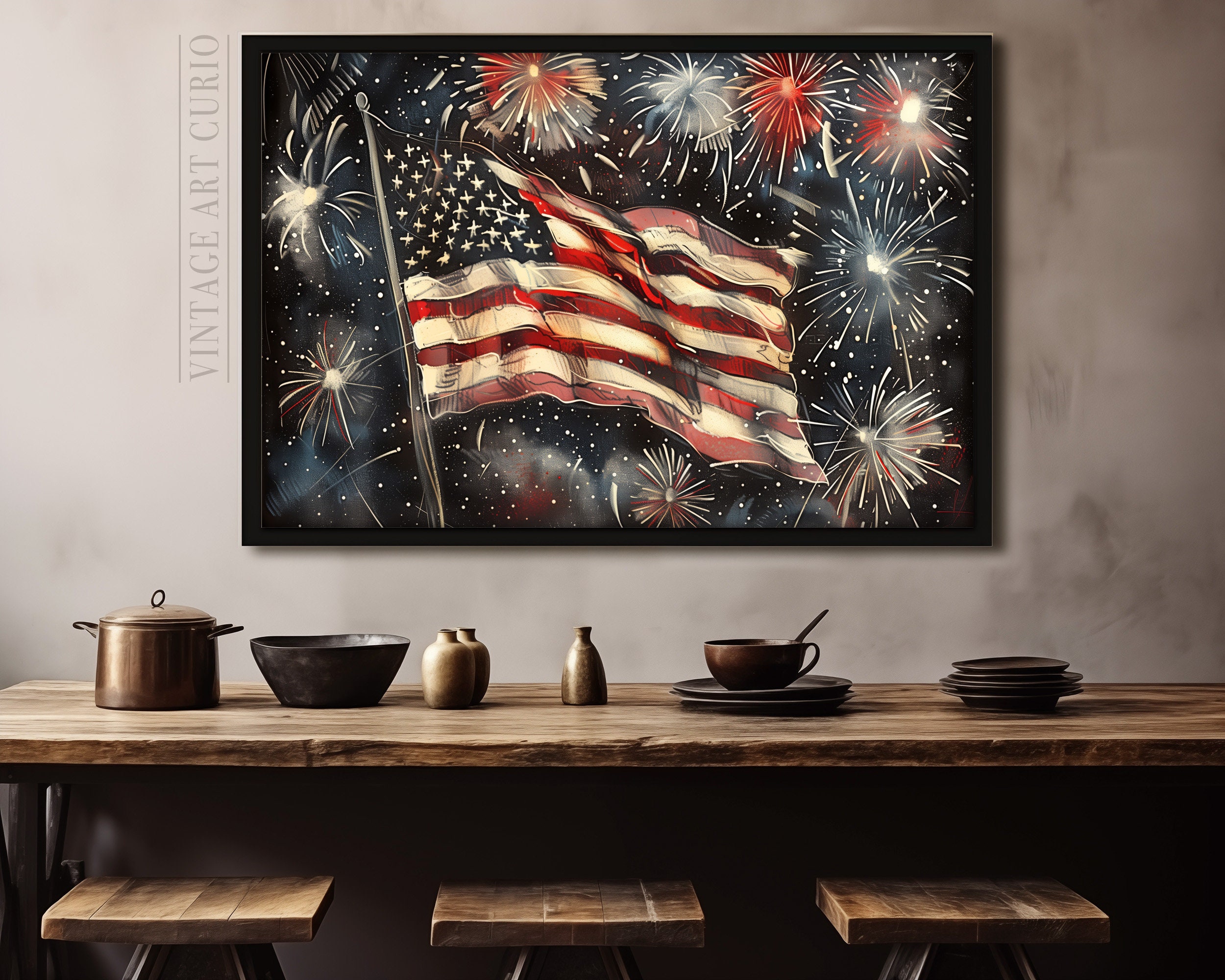 Vintage 4th of July American Flag Printable Art, Patriotic Home Decor ...