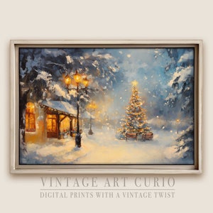 Whimsical Vintage Digital Oil Painting Wall Art: Snowy Christmas Wonderland with Rustic Tree Decor, Holiday Farmhouse Print