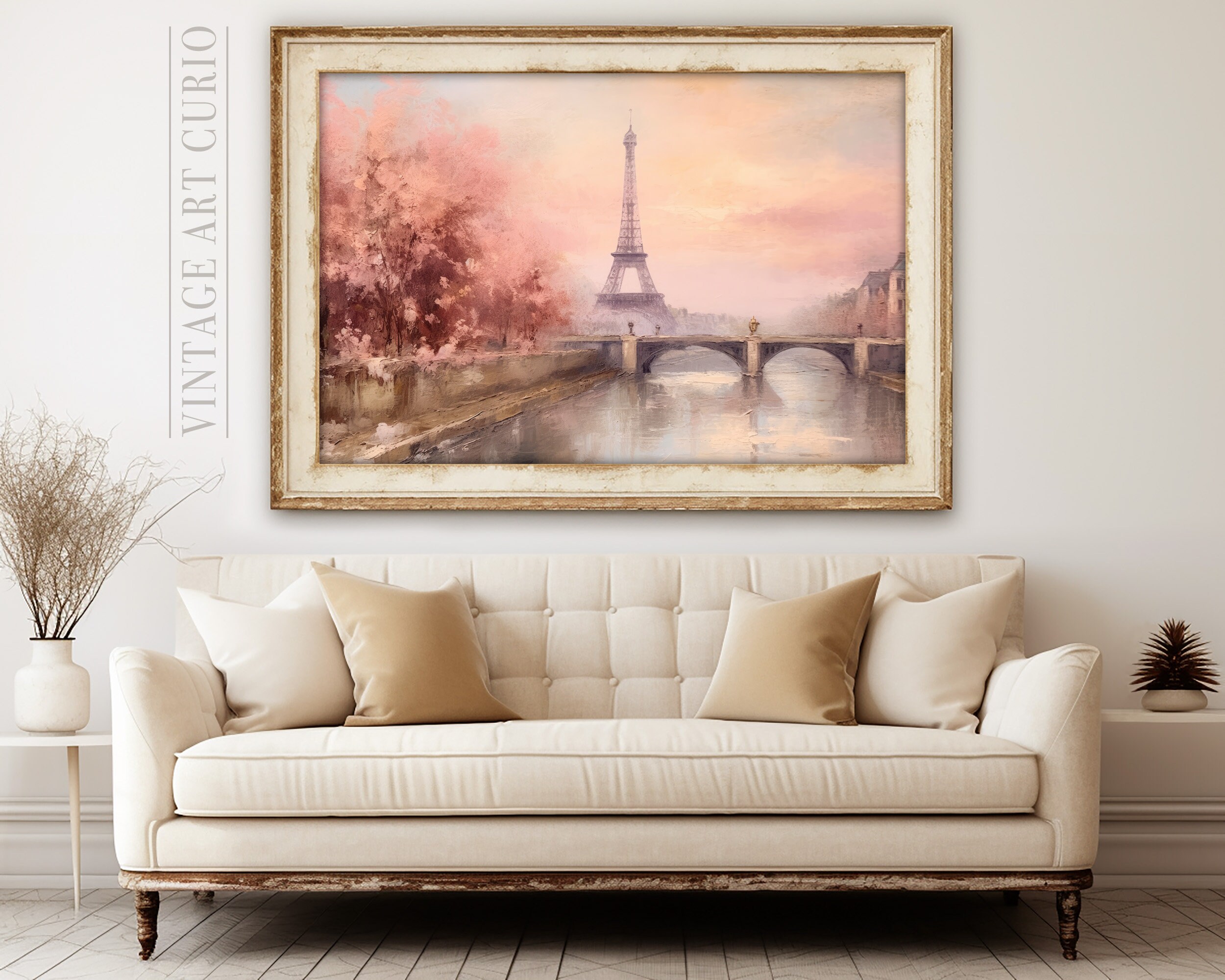 Vintage Pink Rococo Painting Antique Paris Seine Canal Wall Decor ...