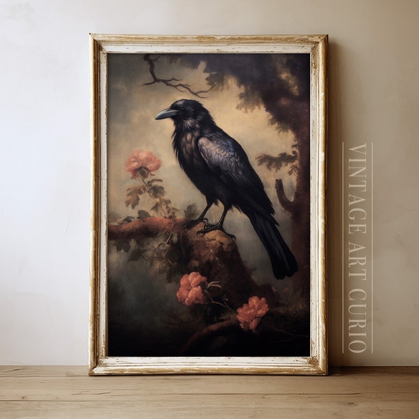 Antique Crow Painting | Dark Academia PRINTABLE Wall Art | Vintage Animal Wall Art | Moody Rustic Raven Print | Dark Art DIGITAL Download