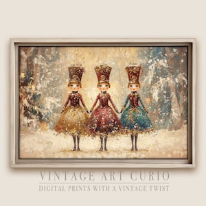 Vintage Nutcrackers in Winter Wonderland Digital Oil Painting - Elegant and Rustic Christmas Wall Art for Farmhouse and Cottagecore Decor