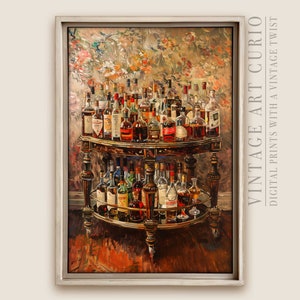 Fall Vintage Bar Cart Wall Art, Printable Oil Painting, Rustic Autumn Decor, Farmhouse Decor, Antique Wall Art, Printable Happy Hour Decor