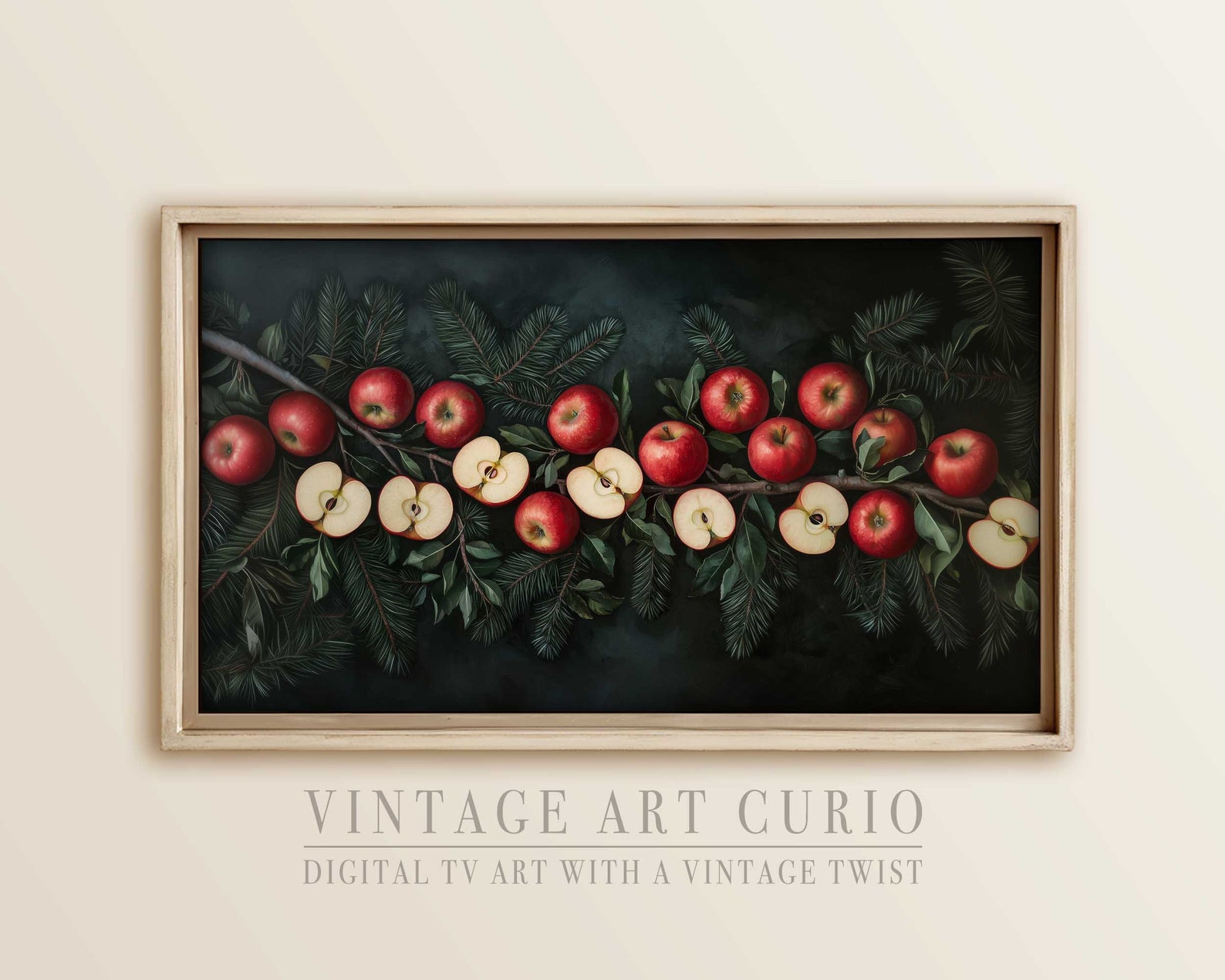 Vintage Christmas Apple Garland TV Frame Art, Trendy Apple Smart TV