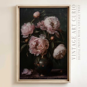 Pintura vintage de buquê de flores de peônias com um toque de humor, arte de parede rústica floral estilo cottagecore para decoração de casa de fazenda escura, pintura de primavera antiga para impressão