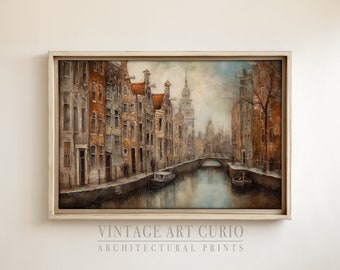 Vintage Amsterdam Canal Oil Painting: Rustic European City Art (Digital Download)