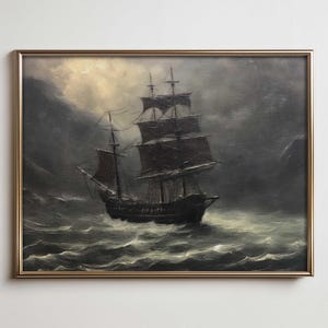 Moonlit Pirate Ship Print – Dark Nautical Digital Wall Art, Gothic Ocean Fantasy Painting, Stormy Sea Night Scene Download